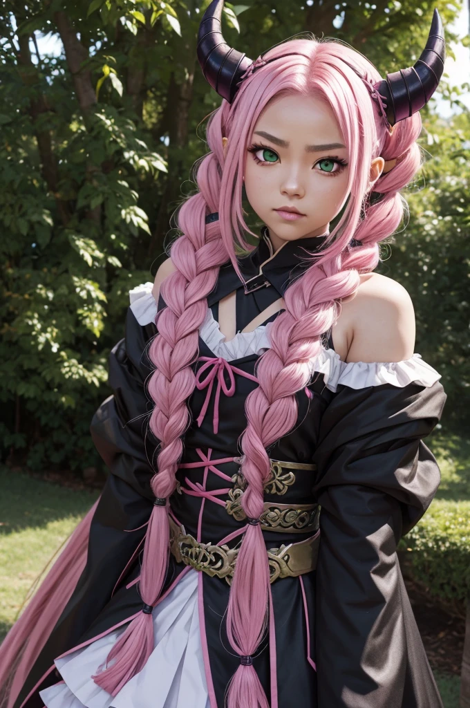 Mitsuri , demon slayer , green eyes , pink and gegeten braids , close up, mitsuri(demon slayer), Model: Richyrich Mix richyrichMix-v2.fp16