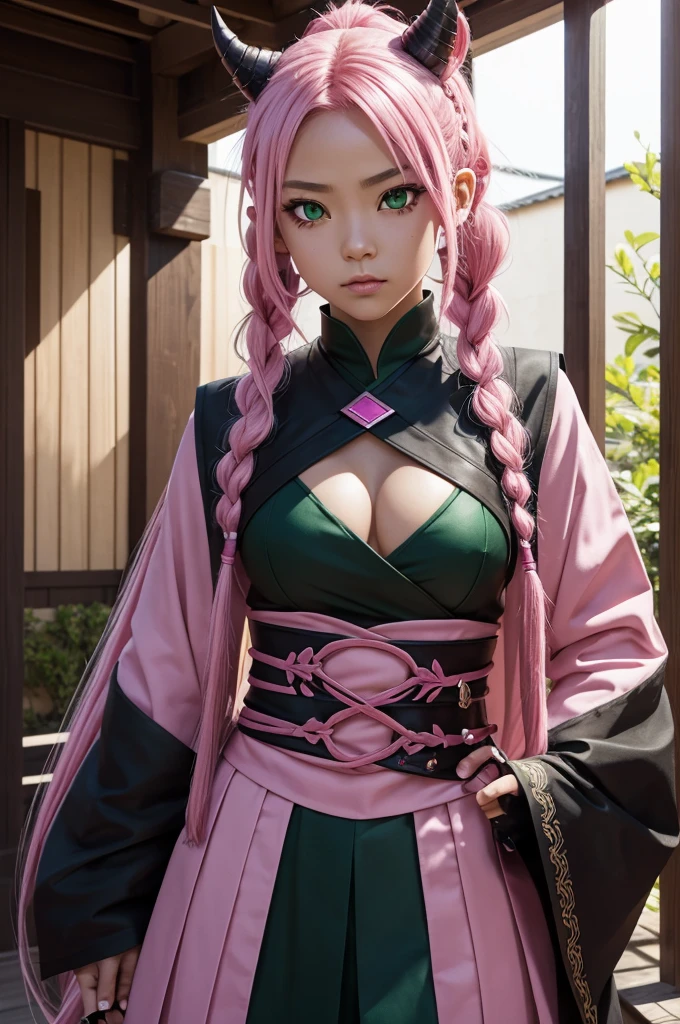 Mitsuri , demon slayer , green eyes , pink and gegeten braids , close up, mitsuri(demon slayer), Model: Richyrich Mix richyrichMix-v2.fp16
