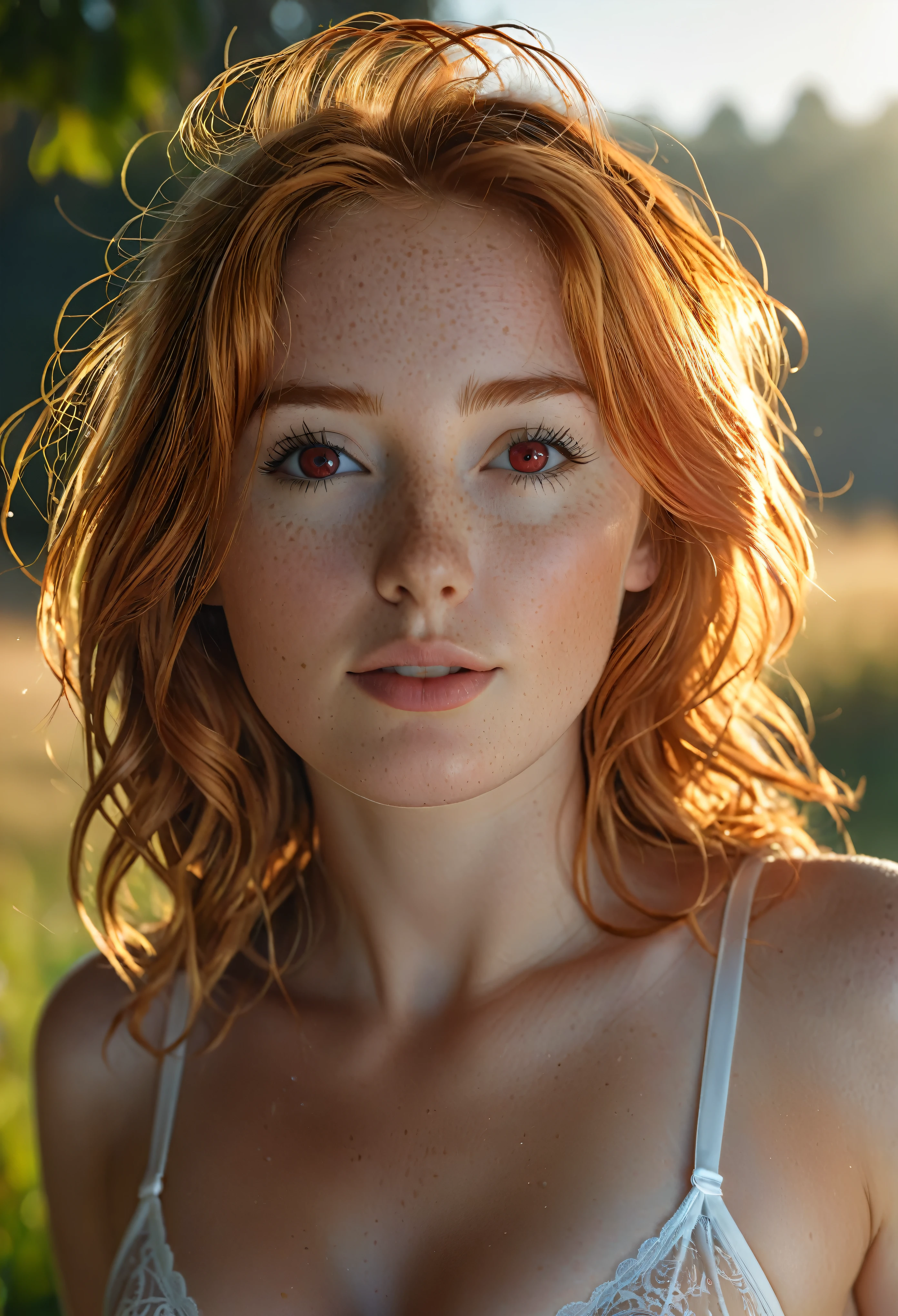 paparazzi shot of a beautiful young girl, beautiful 25 year old girl, (intricate red-haired hair:1.8), sweaty, sunlit, dripping wet, leaning back, 8K,Best quality, masterpiece, ultra high res, (photorealistic:1.4), raw photo, (Authentic skin texture:1.3), (film grain:1.3), young girl wide hips, ((((beautiful detailed bright red eyes)))), masterpiece, best quality, pastel dreamy light, bathing in backlighting, (((wearing a two piece sheer lingerie))), sunrays, fog, haze, sunlit, cozy, morning dew, backlighting, hazy, golden hour, morning light, looking at camera, countryside, masterpiece, best quality, ultra-detailed eyes, solo, shadows, contrast, cinematic light, side lighting, ultra high resolution, best shadow, RAW, 4k, ultra-realistic style, detailed face and eyes, Cinematic, Color Grading, professional Photography, Depth of Field, hyper-detailed, beautifully color-coded, insane details, intricate details, beautifully color graded, full body shot, epic scene composition, fit girl, small perky breasts, cinematic look, dslr, high quality, film grain, (pubic hair), ((detailed crotch)), (((big camel toe, clitoris, vulva)), see through panties, extreme quality, slightly wet panties, (((plump pussy lips))),(( visible pubic hair)), very hairy pussy bump, (((outline of the labia majora (the outer lips of the vulva) in tightly fitting transparent panties, bulge panties, toned body, legs apart, thigh gap