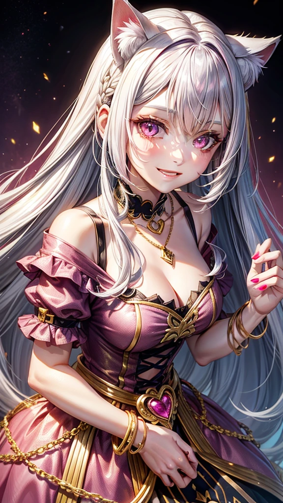 Silver hair, pink eyes, older woman, dark pink and gold clothes, hair jewl ornament, cat ears, necklace, long hair, smiling face, upper body