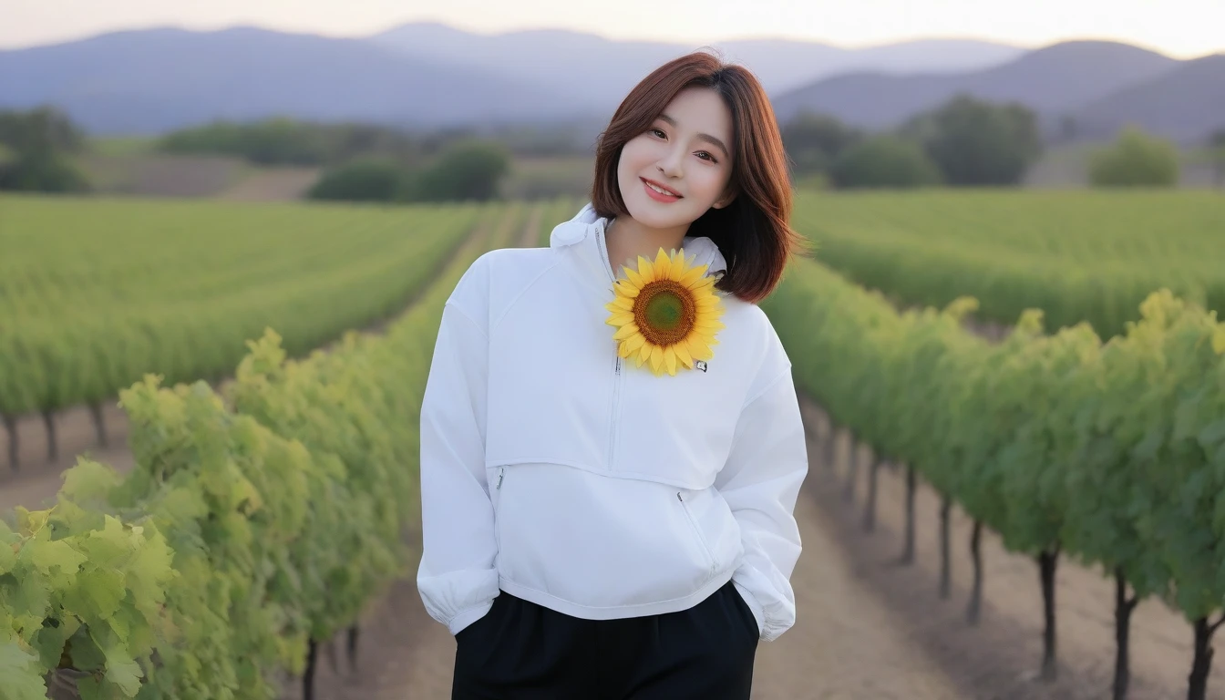 beautiful scenery, 8K Top Quality, Vivid picture quality, 1 woman, Beautiful 36-year-old Korean woman, Chest size 34 inches, Model-level beautiful woman, Napa Valley, California, USA, dawn, vineyard, 멀리 짙은 안개 속에 끝없는 vineyard이 보인다. Red sunshine, The background is realistic and vivid quality.., short medium bob hair, White t-shirt that goes up to the neck , High-end luxury brand windbreaker jacket, Black pants, Perfect and realistic photos, The background is realistic.. Full body shot with Canon camera 16-35 wide angle lens, Smiling, 짙은 안개가 자욱한 포도원 언덕에서 vineyard을 내려다 보며, towards the front camera