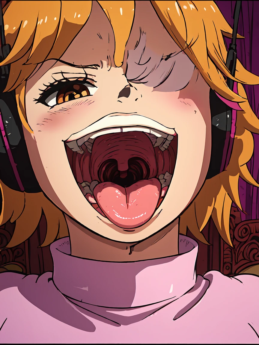 masterpiece, ((ultra detailed background, delicate pattern, intricate detail)), (highly detailed, fine details), best quality, beautiful lighting, ((medium breasts, slim girl)), 1girl, Lilith, ((mischievous smile)) ,(bangs covering one eye), ((light ginger hair)),headphones, (brown eyes), dark-purple jacket,(pink bodysuit, (close-up, portrait), blush, open mouth, big mouth, tongue, tongue out, close up, saliva, uvula, uvula, room, mouth focus, excessive saliva, hair one eye covered, room, indoors, angry
