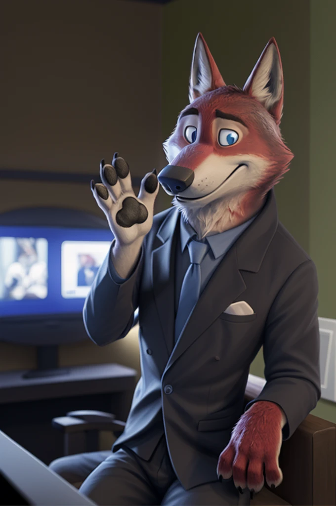 Joachim Wolfbach (Zootopia),tall handsome, wolf,young, 24 years, brown fur, hair on the head,(red body:1.3),Blue eyes, Moscow Dressed, shirt,blazer, tie,trousers,canine, wolf, detailed fur, Male, antro, paw pads, finger claws, waving, waving at viewer, 5 fingers, paws, 5 fingers, smile, happy, resting, wrist watch, т nextel, sitting at home watching TV, by xenoforge, (difficult, high detail, film photography, soft focus, RAW after armies,
Photorealism, realistic, photorealistic, analog style, Subsurface scattering,hugs, meets,
masterpiece, Best quality, ultra realistic, 8 k)