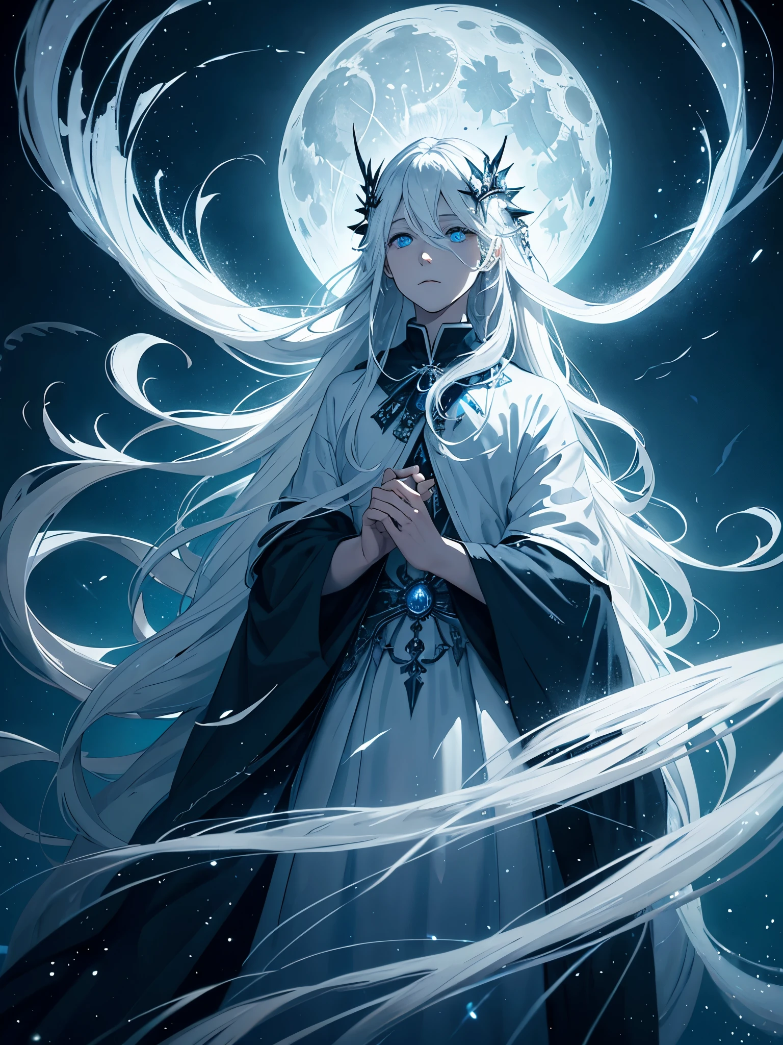 Mit hirschgeweih. White crows. Ghosts. lights. magical. Power animals. Spirit. King of the moon. Long hair. long white hair. aquatic, boy,  silver hair accessories, White hair, blue flowers. Blue lights. full moon. holy. 