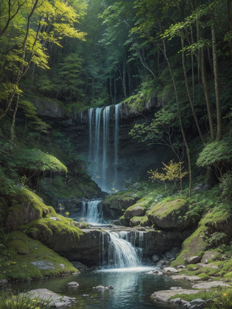 an oil painting of a waterfall at night, a waterfall calm like a spring, with stones and moss, a place full of fireflies and butterflies, a quiet and beautiful place, with yellow flowers around this waterfall, a mystical and magical place