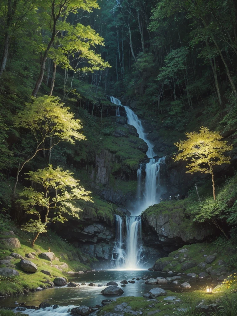 an oil painting of a waterfall at night, a waterfall calm like a spring, with stones and moss, a place full of fireflies and butterflies, a quiet and beautiful place, with yellow flowers around this waterfall, a mystical and magical place