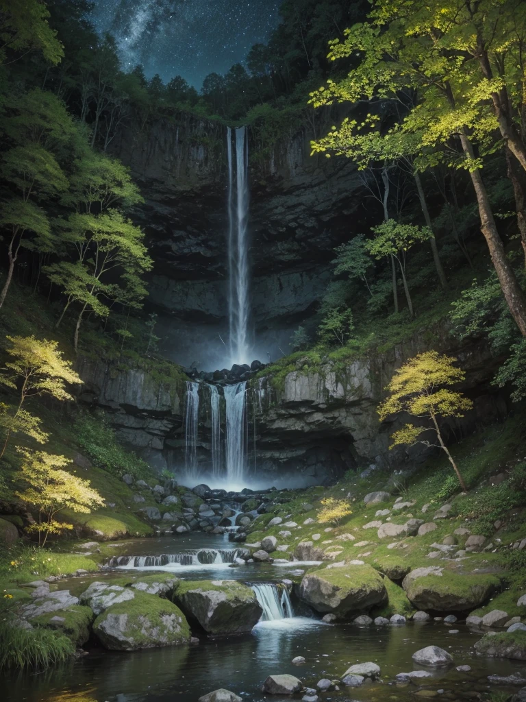 an oil painting of a waterfall at night, a waterfall calm like a spring, with stones and moss, a place full of fireflies and butterflies, a quiet and beautiful place, with yellow flowers around this waterfall, a mystical and magical place