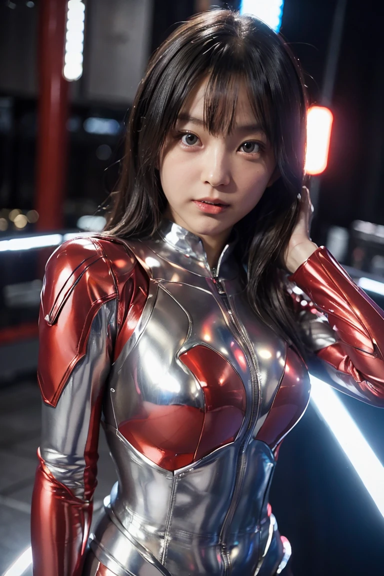 Ultraman、realistic、realistic、cinematic lighting, Girl in a shiny red and silver suit、、professional photos、Don'Do not expose your skin, japanese model, japanese cgi、Ultraman Suit、, Power Rangers Suit、tight and thin cyber suit,Whole body rubbery、There's pink There、 delicate body, big breasts、small ass、thin thighs、thin arms、thin waist、camel toe、Both sides of the cyber suit stick to the skin、Big eyes、black short hair、facing the front、facing the front立っている、A glowing sphere is embedded in the chest.、Essay Examination、 blue sky background