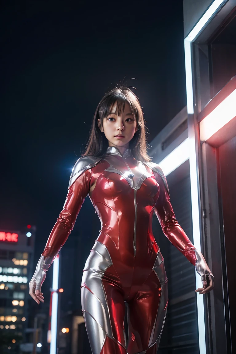 Ultraman、realistic、realistic、cinematic lighting, Girl in a shiny red and silver suit、15 years old、professional photos、Don&#39;Do not expose your skin, japanese model, japanese cgi、Ultraman Suit、, Power Rangers Suit、tight and thin cyber suit,Whole body rubbery、There&#39;s pink There、 delicate body, big breasts、small ass、thin thighs、thin arms、thin waist、camel toe、Both sides of the cyber suit stick to the skin、Big eyes、black short hair、facing the front、facing the front立っている、A glowing sphere is embedded in the chest.、Essay Examination、 blue sky background