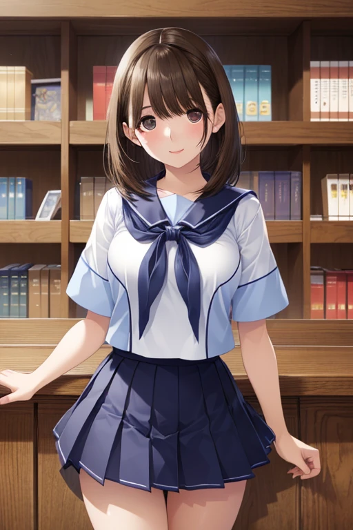 anegasaki nene、Shiny brown hair, short hair, (Beautiful brown eyes、Sparkling eyes, Fine grain)、smile、Ultra-detailed eyes、Highly detailed face, Highly detailed eyes,Cowboy Shot、

Short-sleeved sailor suit、Navy blue mini pleated skirt、Very short mini skirt、Bare thighs、((library))

masterpiece、Highest quality、High resolution、High-quality images、
8K, 1 female、(((libraryで本とカメラを持っている美しくてかわいい女性)))