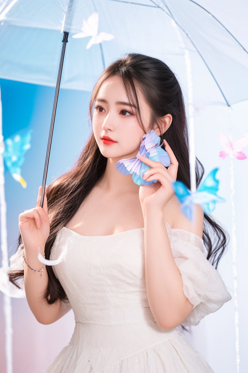 there is a woman in a white dress holding an umbrella, dilraba dilmurat, inspired by Huang Ji, xintong chen, chengyou liu, xision wu, sakimichan, aesthetic cute with flutter, full body xianxia, zeng fanzh, qifeng lin, captured on canon eos r 6, trending on cgstation