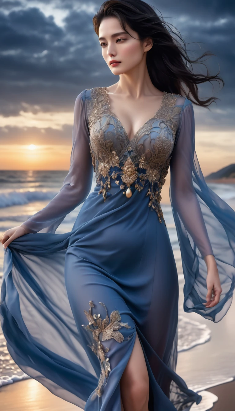 ((Masterpieces with up to 16K resolution:1.6)),Highest quality,it is really amazing,Very detailed,Ultra-high resolution,((Real:1.5)),((Realistic:1.5)),Increased depth of field,((Cinematic Light Effects:1.5)),
Elegant mature woman,Walking on the beach,
Long black hair,((Ultra-detailed and beautiful faces:1.5)),Translucent white skin,Very detailedな肌の質感,Great proportions,Anatomically correct body,
elegant beach dress,Artistic design,Beautiful and detailed pattern,Luxurious jewellery decoration,Detailed fabric texture,
Coastal landscape at dusk,Dark clouds and dark sky,delay々Continuing sandy beach, Deserted Beach,Dark sea surface,
((Zoom in on face:1.6)),