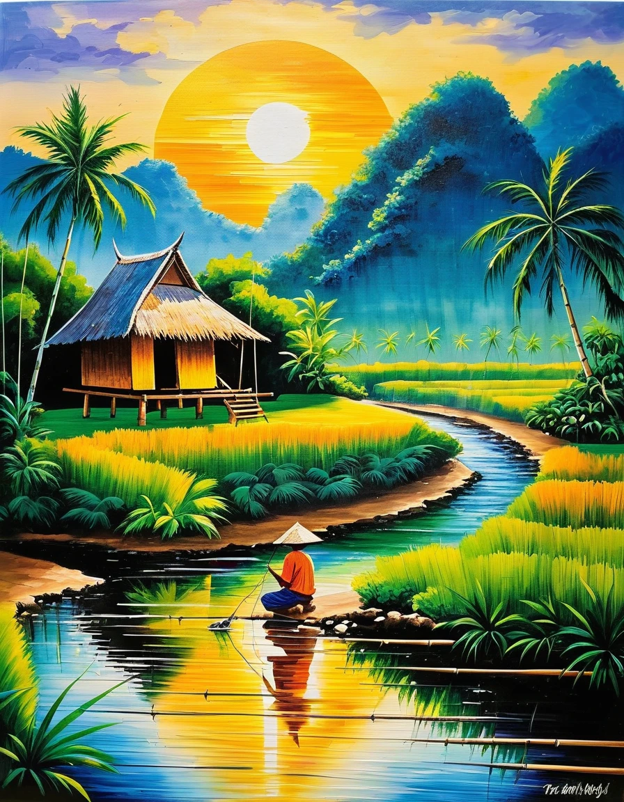 Painting with acrylic paints bamboo hut house A thatched roof in Thailand, 1922, with a small stream flowing through it. There is a man sitting and fishing. There is a coconut tree behind the house. There is a small low hill in the background. The sun is about to set just right. Painting with acrylic paints It is a picture of dreams and magic...