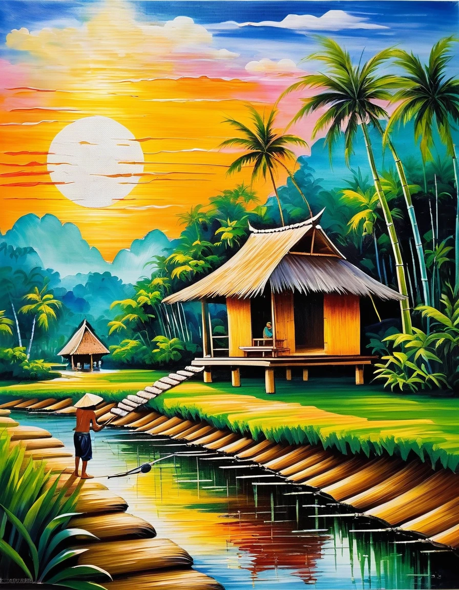 Painting with acrylic paints bamboo hut house A thatched roof in Thailand, 1922, with a small stream flowing through it. There is a man sitting and fishing. There is a coconut tree behind the house. There is a small low hill in the background. The sun is about to set just right. Painting with acrylic paints It is a picture of dreams and magic...