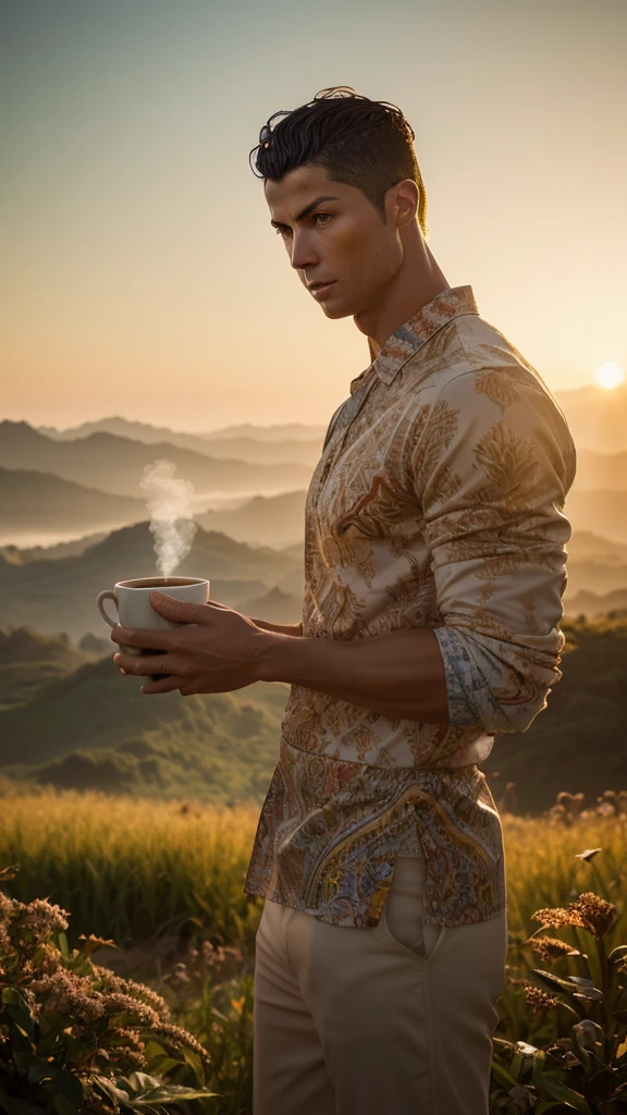 A stunning, highly-detailed digital illustration of Cristiano Ronaldo, rendered in rich, vibrant colors, showcasing the renowned physicist holding a steaming cup of coffee in the midst of a tranquil morning, clad in exquisite, intricately patterned batik clothes, set against the breathtaking backdrop of a sun-kissed rice field landscape, with gentle mist rising from the fields, warm golden light illuminating the scene, and a soft, cinematic atmosphere pervading the entire image, exuding a sense of serenity and contemplation, in ultra-high resolution, begging to be explored and admired.