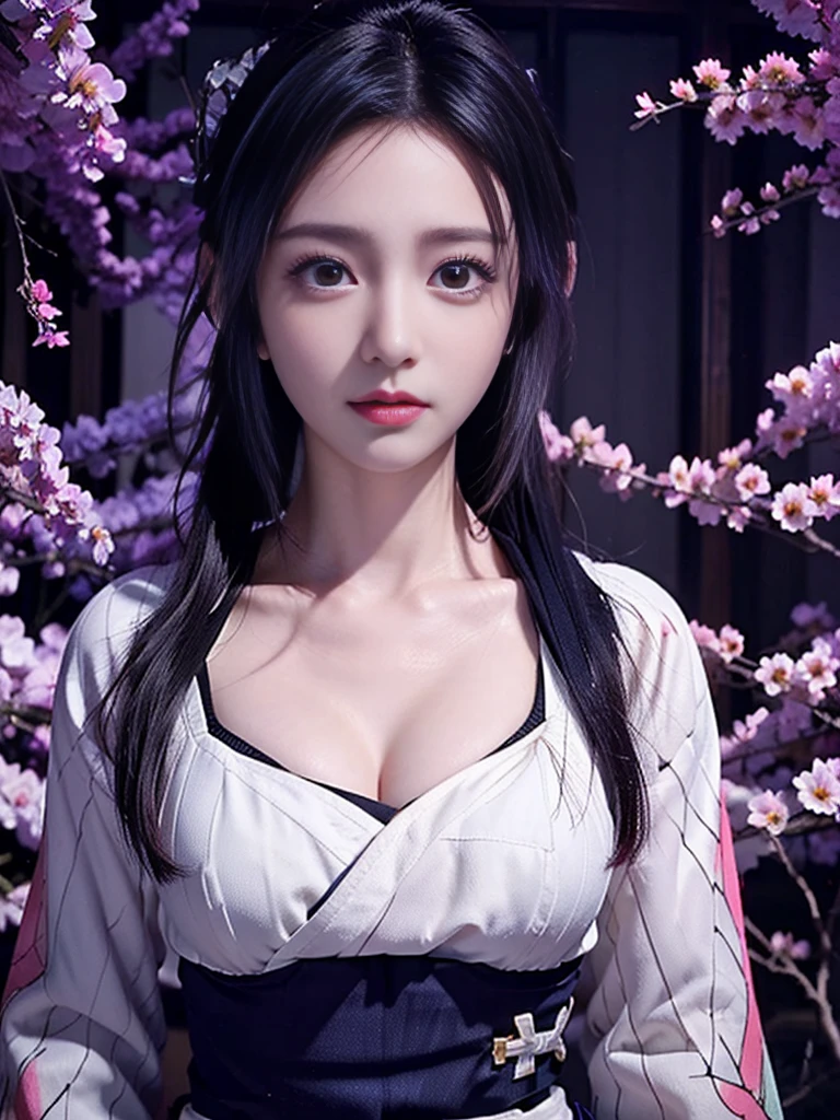 Realistic, Super detailed, High resolution, highest quality, Super detailedな,1 Female , Official Art, unity 8k wallpaper, Super detailed, beautiful and aesthetic, beautiful, masterpiece,( Super busty breasts:1.8,Small waist)、Glowing Skin,masterpiece, wonderful, (CG illustration),Asian, Ultra-realistic textured face and skin、Accurate anatomy、samurai、Colorful armor、Radiation Hair, bangs,Short Bob、((samurai))、sword,Facial details、Dynamic Pose、Dynamic Action、Dynamic Angle、Detailed Background、Wisteria flower、In combat、duel、Degrees of Freedom:1.3