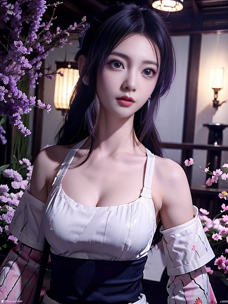 Realistic, Super detailed, High resolution, highest quality, Super detailedな,1 Female , Official Art, unity 8k wallpaper, Super detailed, beautiful and aesthetic, beautiful, masterpiece,( Super busty breasts:1.8,Small waist)、Glowing Skin,masterpiece, wonderful, (CG illustration),Asian, Ultra-realistic textured face and skin、Accurate anatomy、samurai、Colorful armor、Radiation Hair, bangs,Short Bob、((samurai))、sword,Facial details、Dynamic Pose、Dynamic Action、Dynamic Angle、Detailed Background、Wisteria flower、In combat、duel、Degrees of Freedom:1.3