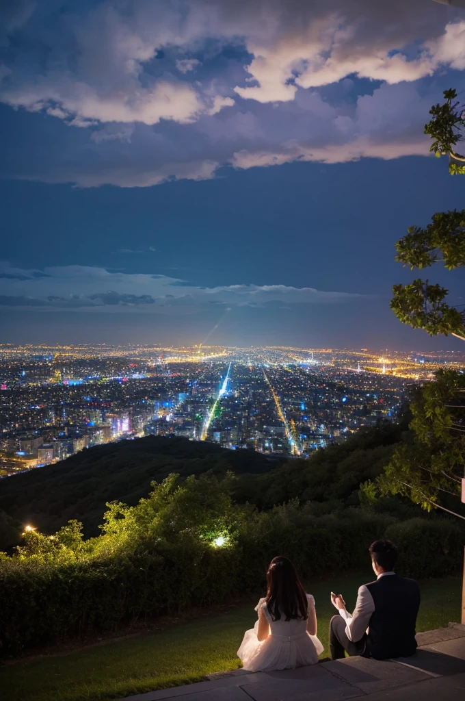 There are clouds。A couple sitting close together on a hill with a beautiful sparkling night view。Back view。
