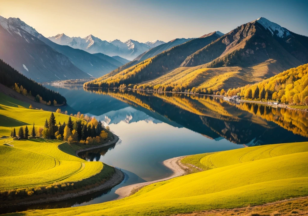 Landscape mountains lakes, yellow colors