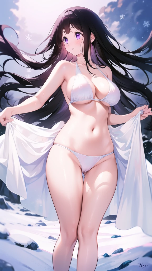 Chitanda,只有一个beautiful girl,Purple Eyes, Black Hair, Natural straight hair, Straight bangs,Extremely refined,open your lips,Face is so red,Very white skin,Skin as delicate as porcelain,Glowing skin,big eyes,Flowing long hair,beautiful girl, Like a dream,Slim,Slim waist,Soft, (Sensual), (Kawaii), Dream quality,Sweaty and sweaty,Wet skin,Side breasts,snowflake,Playing in the snow on the snow mountain,Doing a handstand,Looking up,White transparent bikini,Profile,(Completely naked),Gluteal groove,The outline of the breasts is visible through clothing,Completely naked的背部,nacked hip,very close,Deep V neckline,Loose neckline,Beautiful big breasts,No pants,nopan,no pants,Bare shoulders,There are no shoulder straps,Exposed collarbone,Delicate clavicle,Delicate hands and feet,Bare neck,There are no clothes around the neck,Bare thighs,Exposed groin,Camel toe,extremely shy,Ultra-high resolution, (masterpiece:1.2, best quality), (Delicate and beautiful eyes: 1.2), (Beautiful and delicate face)