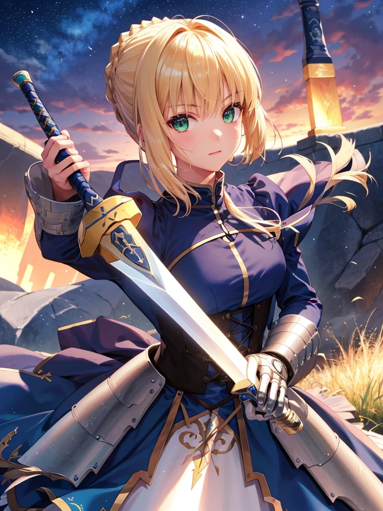 (masterpiece:1.4), (Highest quality:1.4), Realistic, One girl, Artoria Pendragon, armor,, (destiny/Stay Night\), 
 Glowing Sword, High resolution, Cowboy Shot, Outdoor, unity 8k wallpaper, (figure:0.8), (Beautiful attention to detail:1.6), Highly detailed face, Perfect lighting, Highly detailed CG, (3D Face:1.1), (Shiny skin:1.5), (超High resolution intricate face details), (Facial skin pores:1.3), 超High resolution cloth texture, (Canon EOS-1D X Mark III camera for outstanding detail:1.2), (Combined with Canon EF24-70mm f/2.8L II USM Lens:1.2), (He has the great sword Excalibur:1.3), Trenches on a war-torn battlefield, Barbed wire in the background, Coming under attack, Thundercloud, heroism, Movie-like atmosphere