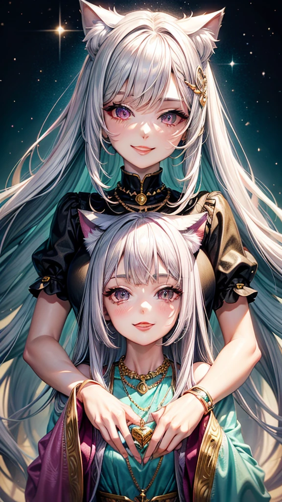 Silver hair, pink eyes, older woman, teal and gold clothes, hair jewl ornament, cat ears, necklace, long hair, smiling face, upper body