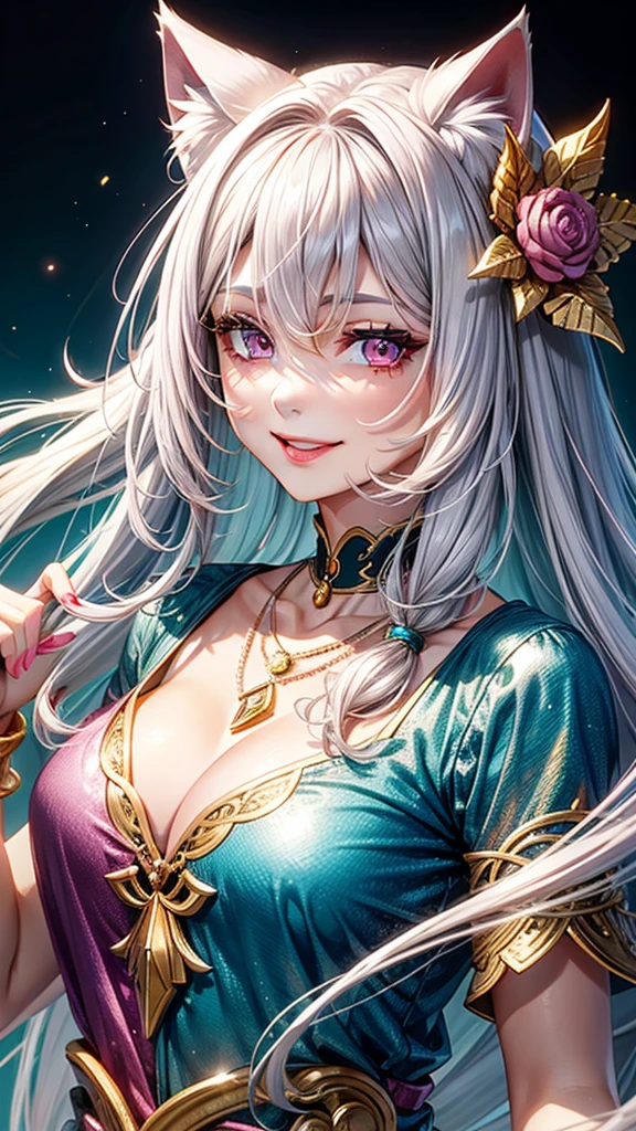Silver hair, pink eyes, older woman, teal and gold clothes, hair jewl ornament, cat ears, necklace, long hair, smiling face, upper body