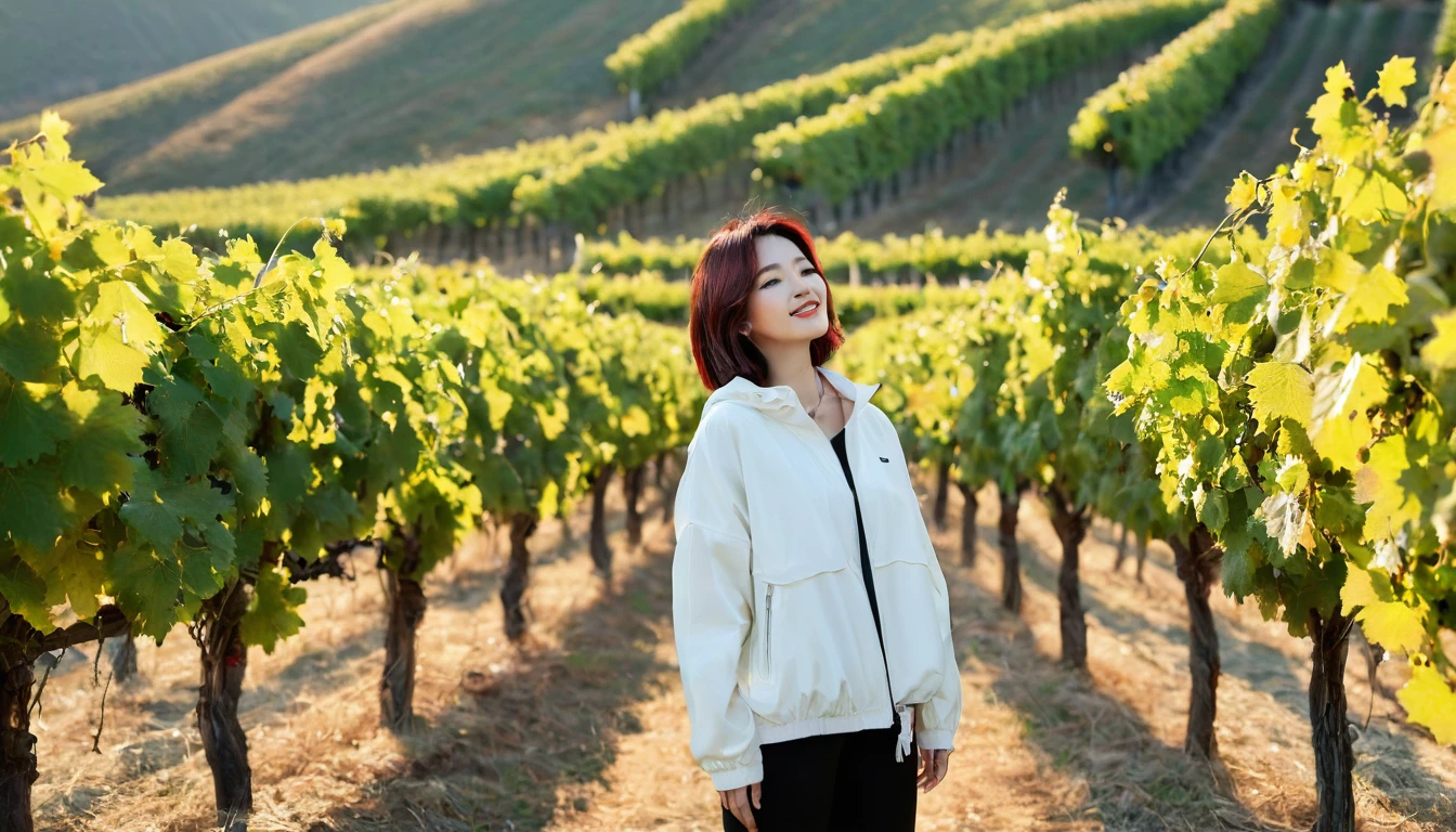 beautiful scenery, 8K Top Quality, Vivid picture quality, 1 woman, Beautiful 36-year-old Korean woman, Chest size 34 inches, Model-level beautiful woman, Napa Valley, California, USA, dawn, vineyard, 멀리 짙은 안개 속에 끝없는 vineyard 평원이 보인다. Red sunshine, The background is realistic and vivid quality.., short medium bob hair, White t-shirt that goes up to the neck , High-end luxury brand windbreaker jacket, Black pants, Perfect and realistic photos, The background is realistic.. Full body shot with Canon camera 16-35 wide angle lens, Smiling, 짙은 안개가 자욱한 포도원 언덕에서 vineyard을 내려다 보며, towards the front camera