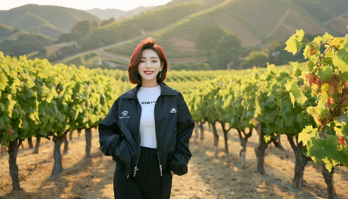 beautiful scenery, 8K Top Quality, Vivid picture quality, 1 woman, Beautiful 36-year-old Korean woman, Chest size 34 inches, Model-level beautiful woman, Napa Valley, California, USA, dawn, vineyard, 멀리 짙은 안개 속에 끝없는 vineyard 평원이 보인다. Red sunshine, The background is realistic and vivid quality.., short medium bob hair, White t-shirt that goes up to the neck , High-end luxury brand windbreaker jacket, Black pants, Perfect and realistic photos, The background is realistic.. Full body shot with Canon camera 16-35 wide angle lens, Smiling, 짙은 안개가 자욱한 포도원 언덕에서 vineyard을 내려다 보며, towards the front camera
