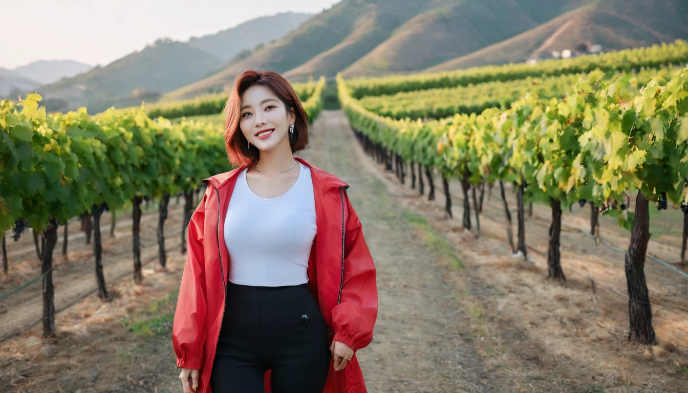 beautiful scenery, 8K Top Quality, Vivid picture quality, 1 woman, Beautiful 36-year-old Korean woman, Chest size 34 inches, Model-level beautiful woman, Napa Valley, California, USA, dawn, vineyard, 멀리 짙은 안개 속에 끝없는 vineyard 평원이 보인다. Red sunshine, The background is realistic and vivid quality.., short medium bob hair, White t-shirt that goes up to the neck , High-end luxury brand windbreaker jacket, Black pants, Perfect and realistic photos, The background is realistic.. Full body shot with Canon camera 16-35 wide angle lens, Smiling, 짙은 안개가 자욱한 포도원 언덕에서 vineyard을 내려다 보며, towards the front camera