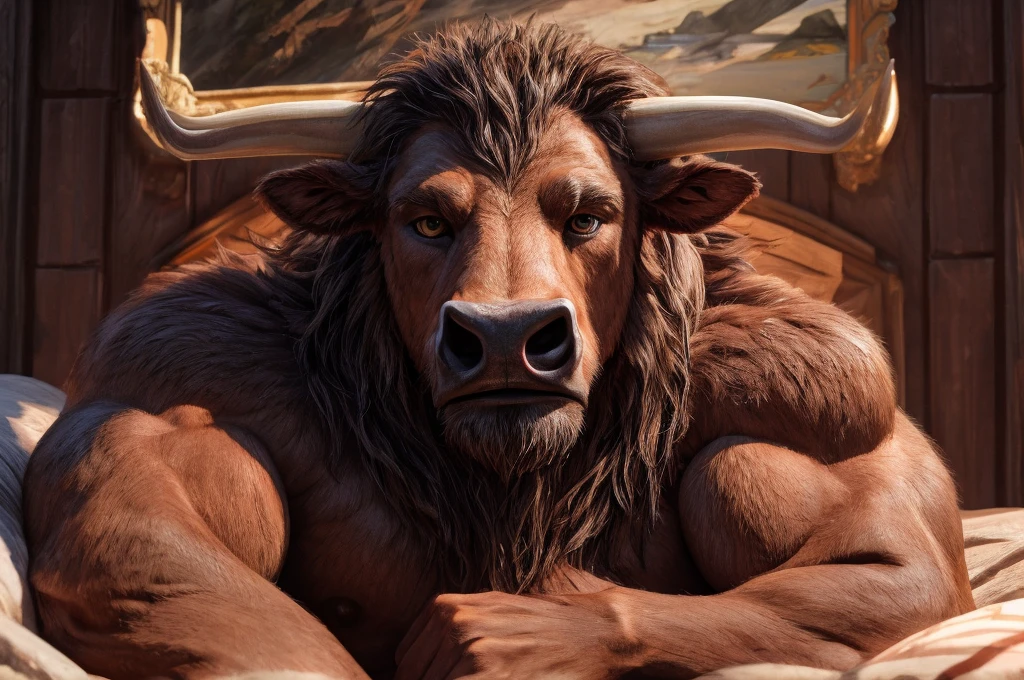 (best quality, 4k, 8k, high resolution, life-like, masterpiece:1.2), ultra detallado, (photographic rendering:1.1), portrait, profesional, vivid colors, Sharp focus, (hyperrealistic textures, morning light:1.05), detailed textures, (warm color tone:0.9), a brown minotaur laying in bed, brown eyes, looking at viewer, looking peaceful, muscular, bovine face, combed hair mane, in his 30s, smirk