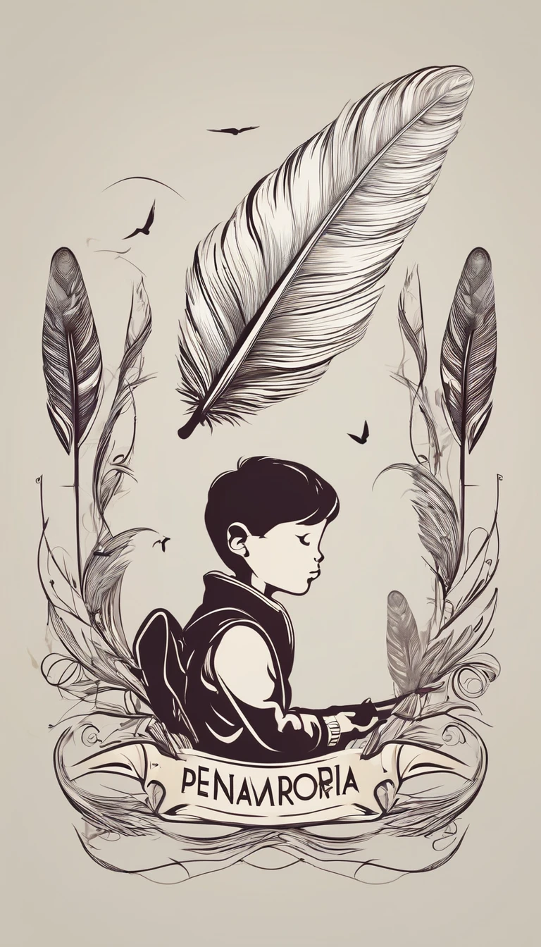 Create a minimal, modern, simple, inspirational, memorable, dream like logo design of a boy and a feather for the brand “Penamemoria".