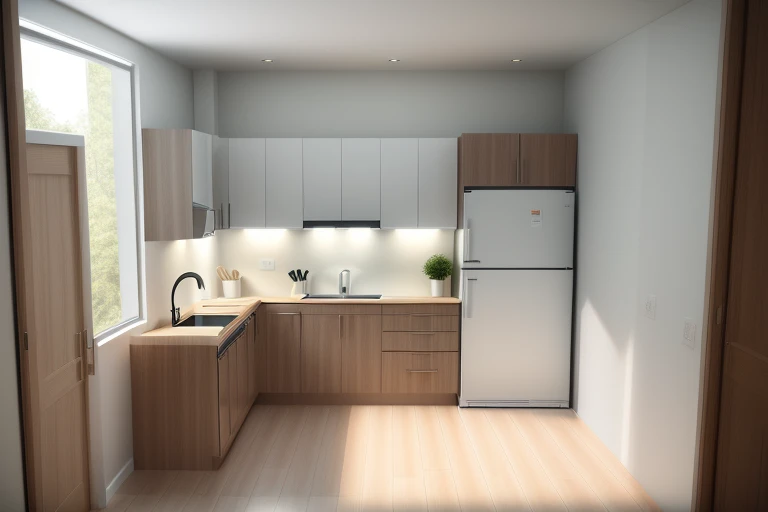 Creating a modern, fully functional kitchen space including 1 refrigerator, 1 induction cooker, 1 sink, white light. Clear, realistic images ,white color on cabinet , under of wood color .
