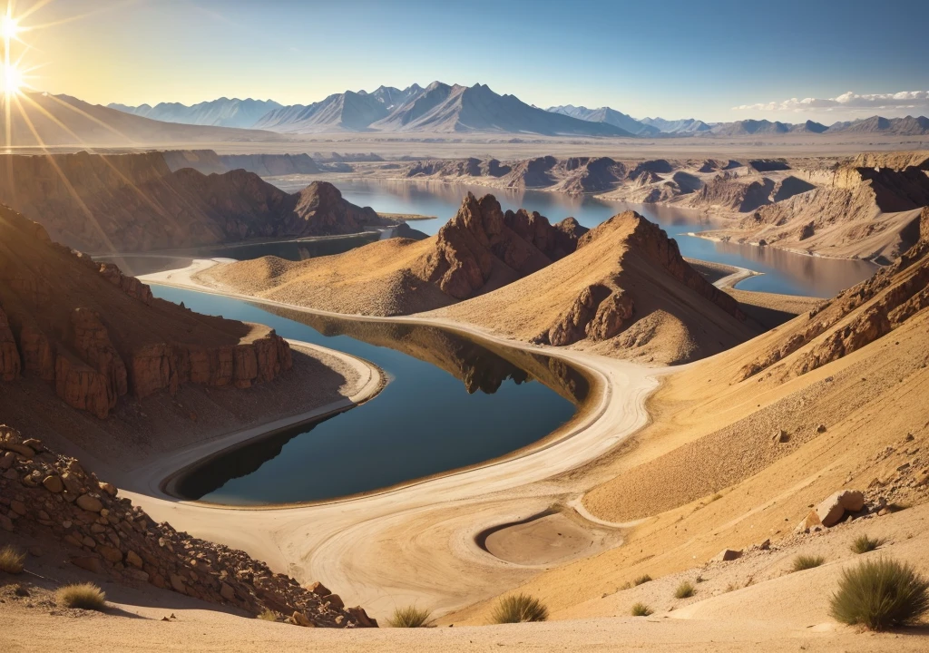 Landscape mountains lakes in the desert, sunlit, old times, old gods,  yellow colors
