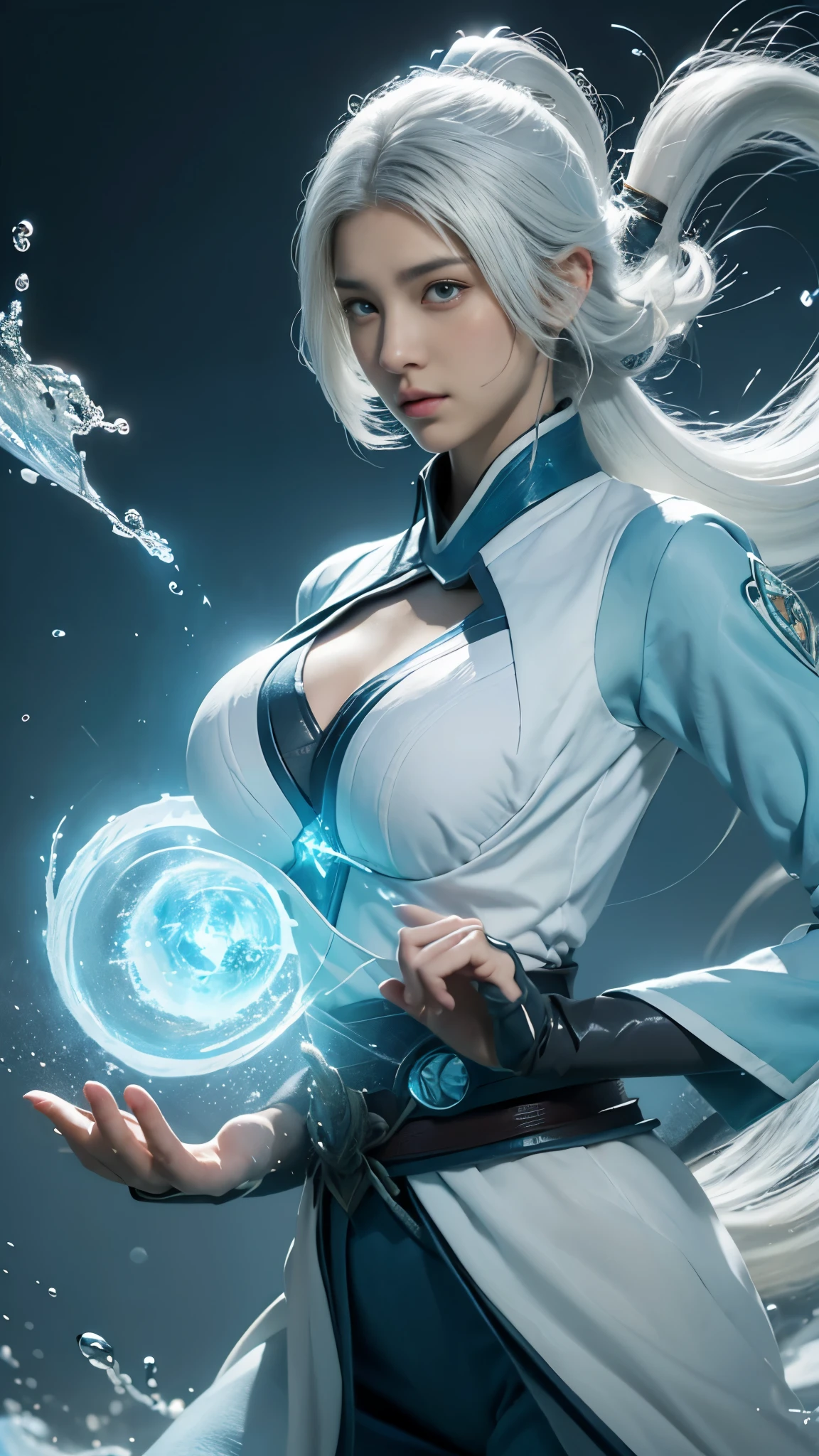 Water bender uniform, with long white hair controlling water, korra from the legend of korra,legend of korra setting, asian female water elemental, fan art, epic digital art illustration, steven artgerm lau, avatar the last airbender, big breast, robbed shirt, water elemet, water bender, water skill, White hair. Close up face, big breast, naughty face, katara hair, water tsunami, water ice. ((BIG BREAST)) ((WHITE HAIR))