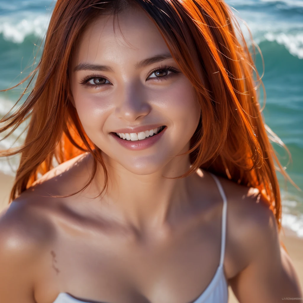 Best quality, 8k, 32K, masseter part, nffsw:1.3), cute erotic japanese girl, 1 girl, long hair, profile, (fair skin, big , slim figure:1.2), (lips), toothy smile, (orange hair), double eyelids, shiny skin, realistic light, big beautiful face, (laughing:1.3), standing, (from above:1.2), (close-up:1.4), beach, white bikini, blurry background, (front focus), (dark:1.6), fantasy art, photorealistic, professional lighting, highly detailed face, award winning, deep shadows, ((ultra-realistic raw photo)), narrow eyes, lifelike eyes, thin hair,
