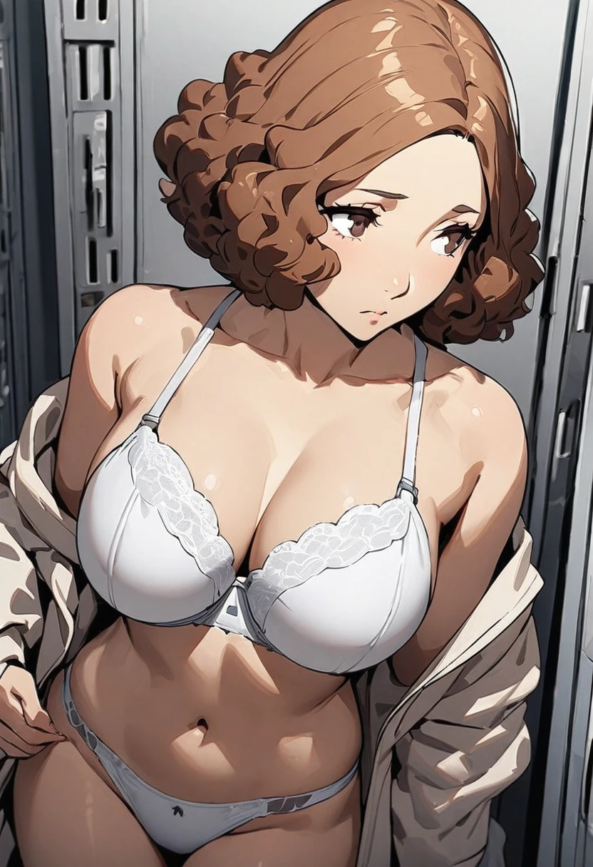 masterpiece, Highest quality, Expressionless, 1 girl, 、Locker Room、Change of clothes、Open shirt、White panties((Brown Hair))　　((White BRA))　Big Breasts　From above　Look away