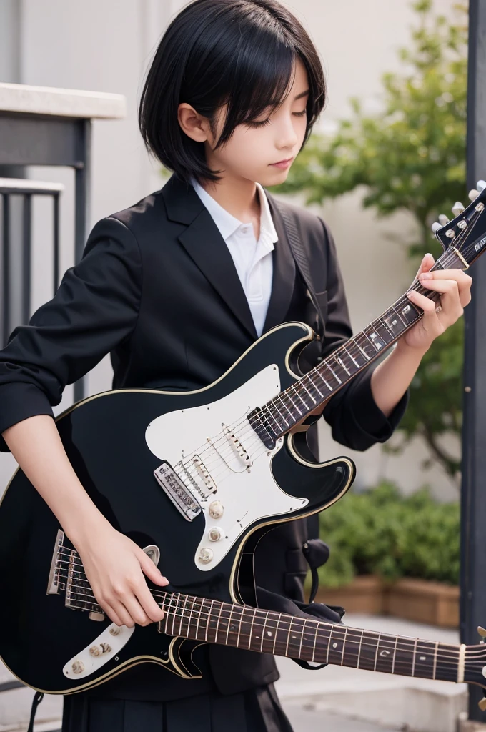Hiding eyes male guitar school uniform Black Hair