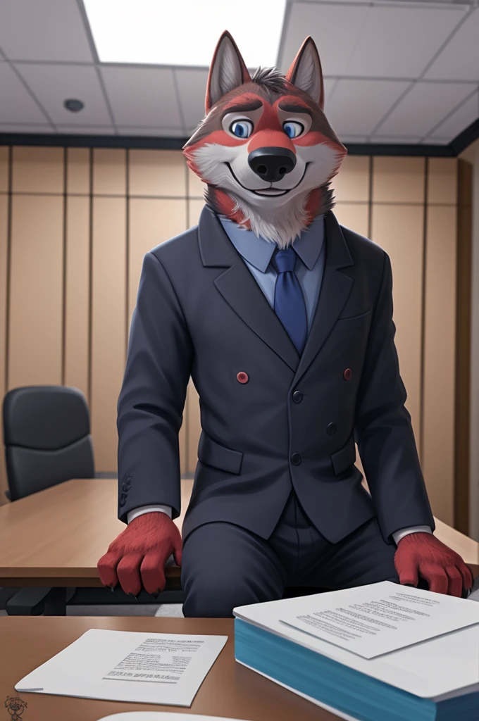 Ivan Fedorovich Wolfbach (Novosibirsk) ,Tall, handsome man, wolf,young, 24 years, brown fur,Kind,(red body:1.3),beautiful blue eyes,Novosibirsk,dressed, black jacket awards on jacket, shirt, black tie, trousers,shoes, wolf, detailed fur, man ,paw pads, finger claws,per viewer, 5 fingers, paws, 5 fingers, smile, wrist watch, nextel, by xenoforge, (complex, high detail, digital photography, soft focus, RAW variety viewer, Very close to the camera) , variety, Novosibirsk, smile, good mood, positive, Very close to the camera, GOVERNOR, is sitting, at the computer,keyboard, is sitting за компьютерным столом, cabinet, GOVERNORа, writes documents, to the city, GOVERNOR Novosibirskа, conference table, Colleagues,самый young GOVERNOR, black tie, 
Photorealism, realism, digital style, Subsurface scattering, I look at the viewer, is sitting,conference table, handle, paper, 
masterpiece, Best quality, ultra realistic, 8 thousand.)