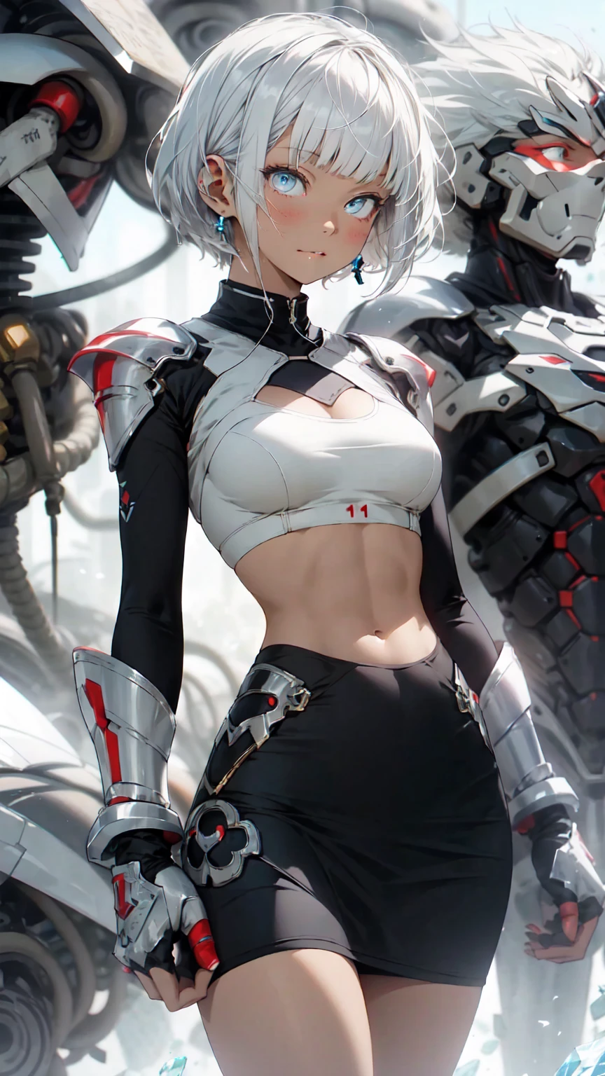 Be realistic,(masterpiece,Highest quality,Highest quality,Very detailed,Fractal Art,Most detailed,(Abstract background:1.5)(1 Girl),Kamimei,(Shorthair with white hair),(puppet, Blue Eyes, Pale skin, White Hair, Short Hair, Blunt bangs, Big Breasts、Toned Abs,Stunned)、crystallization,bikini、Sexy、White Machine Armor、Sunburned skin、(White pencil skirt)