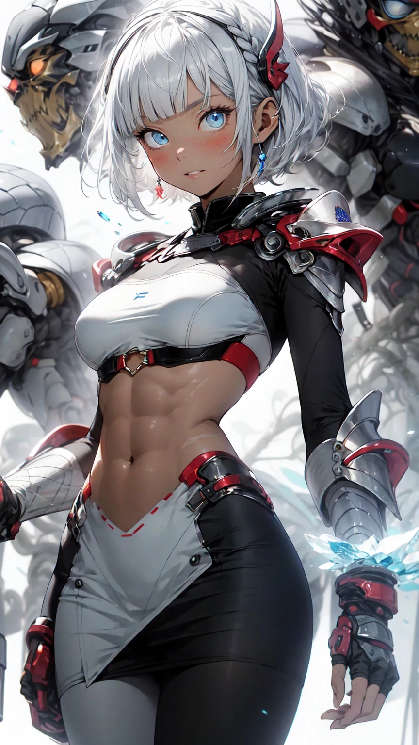Be realistic，（masterpiece，Highest quality，Highest quality，Very detailed，Fractal Art，Most detailed，（Abstract background：1.5）（1 Girl），Kamimei，（Shorthair with white hair），（puppet, Blue Eyes, Pale skin, White Hair, Short Hair, Blunt bangs, Big Breasts、Toned Abs，Stunned)、crystallization，bikini、Sexy、White Machine Armor、Sunburned skin、(White pencil skirt)