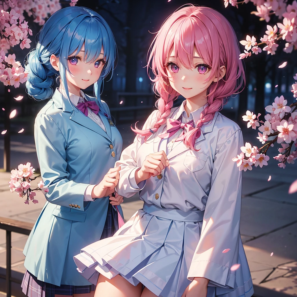 (Sky blue medium hair),(Braided hair tied together)、Pink eyes、Fair skin、(whole body)、(One Girl)、(School uniform blazer)、Cherry Blossoms at Night、A big smile、、(masterpiece、Highest quality、Very detailed、Best Shadow)、(Detailed Background)、(Beautifully detailed face)、High contrast、(Best lighting、Very delicate and beautiful)、((Cinematic Light))、colorful、Hyper Detail、Dramatic Light、Exquisite detail、