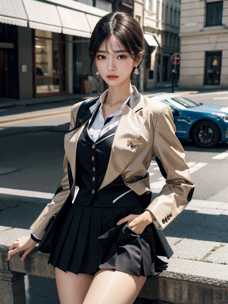 absurdres, RAW photo, extremely delicate and beautiful, masterpiece, Best Quality, ultra high resolution, 32k, hyperrealistic, ultra-detailed, perfect anatomy, super Detailed skin, Super Beauty, perfect figure, Perfect Style, Perfect balance, in her 20s, very small head, very small face, delicate facial features, tearful mole, earring, very huge breasts, bare legs, full body shot, medium hair, black hair, school_uniform, blazer, skirt,