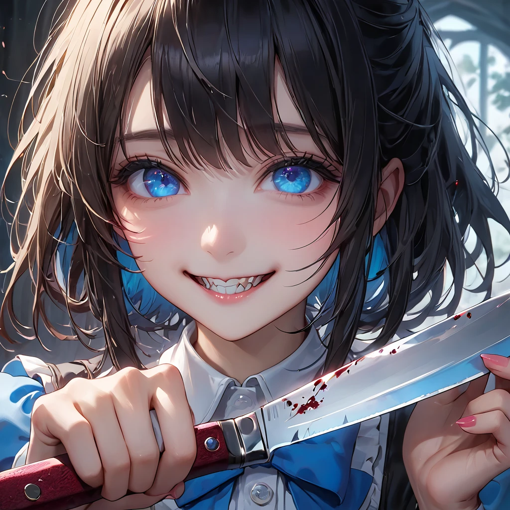 Highest quality, 4K,masterpiece, Very detailed, 8K, High detail, Sharp focus, One girl, alone, Alice in Wonderland, Black Hair, Fine grain, , smile, gesugao, (邪悪なsmile:1.1), Sharp teeth, (Crazy Blue Eyes:1.2), Yandere, Holding a knife, (Blood splatter:0.95)