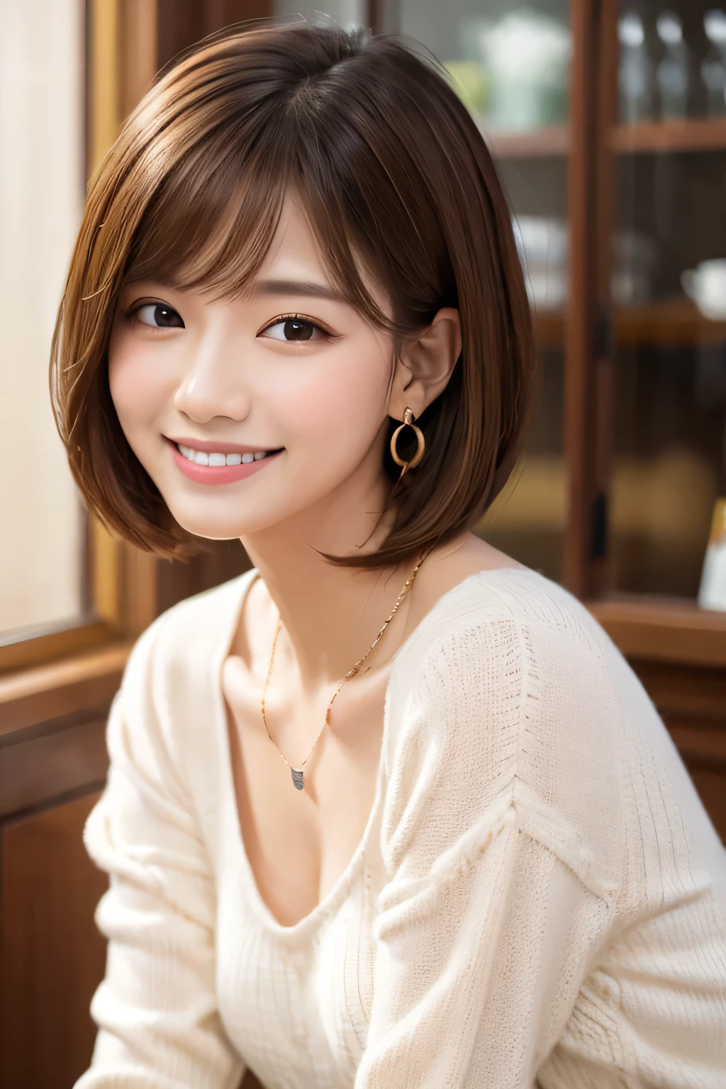 ）Light brown hair、Clear beauty、Short Haircut、Long sleeve blouse、Ear piercing、Necklace around the neck、smile、Beautiful teeth alignment、Intricate details, Very detailed:1.2), 、 Looking into the camera、The background is a coffee shop

