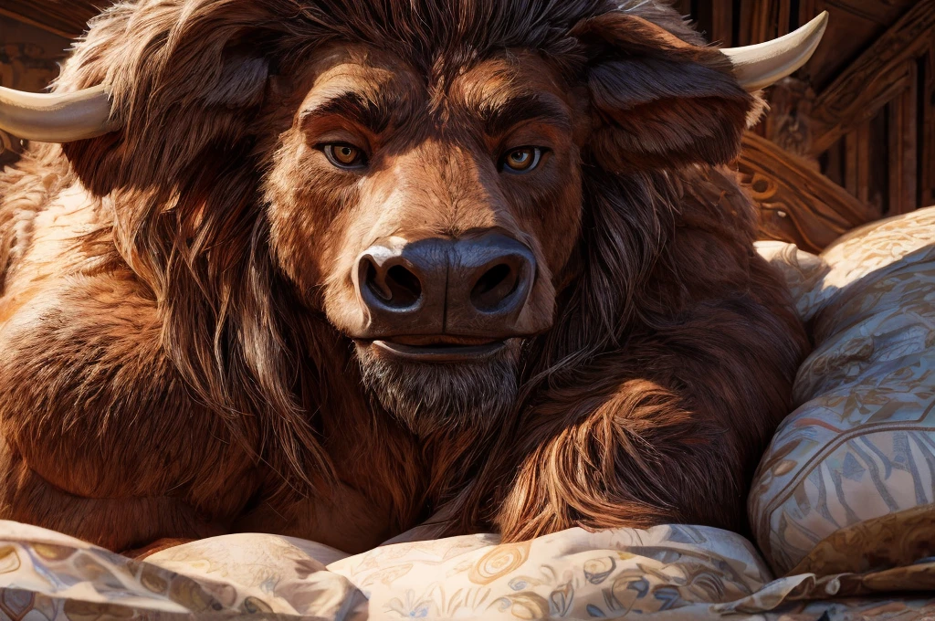(best quality, 4k, 8k, high resolution, life-like, masterpiece:1.2), ultra detallado, (photographic rendering:1.1), portrait, profesional, vivid colors, Sharp focus, (hyperrealistic textures:1.05), detailed textures, (warm color tone:0.9), a brown minotaur, ((laying in bed)), (hazel eyes, looking at viewer), looking happy, muscular, bovine face, combed hair mane, in his 30s, big cow nose, morning time