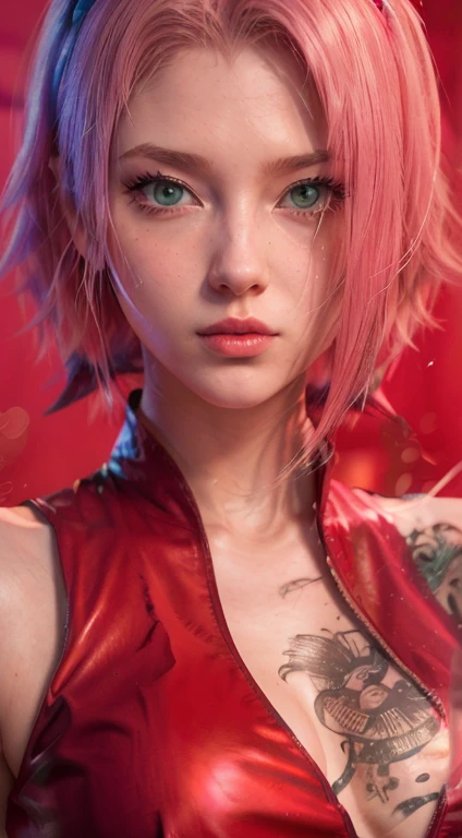 young woman, long pink hair, wide forehead, porcelain skin, pink eyebrows, big emerald green eyes, buttoned nose, thick lips, heart-shaped face, slender body, small breasts, pink leather dress, Sakura Haruno, realistic, realism black details 3d