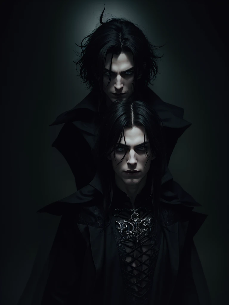 (best quality), 1boy, male, pale skin, black hair, medium hair, curtain hair, tousled hair, green eyes, perfect eyes, dark circles under eyes, handsome, strong jawline, lazy, light smile, attractive, (gothic clothes), masterpiece, anatomically correct, highres
