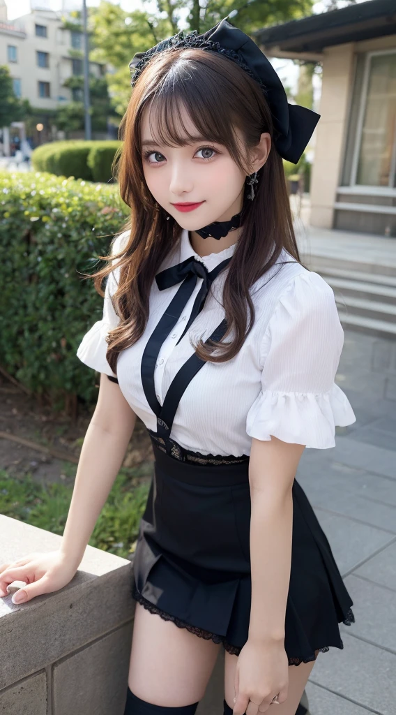 table top, highest quality, figure, super detailed, finely, High resolution, 8k wallpaper, Perfect dynamic composition, beautiful and fine eyes, medium hair,small breasts natural color lip, bold sexy pose,smile,harajuku、20 year old girl、cute、sexy shot looking at camera、gothic ta clothes、skirt、blouse