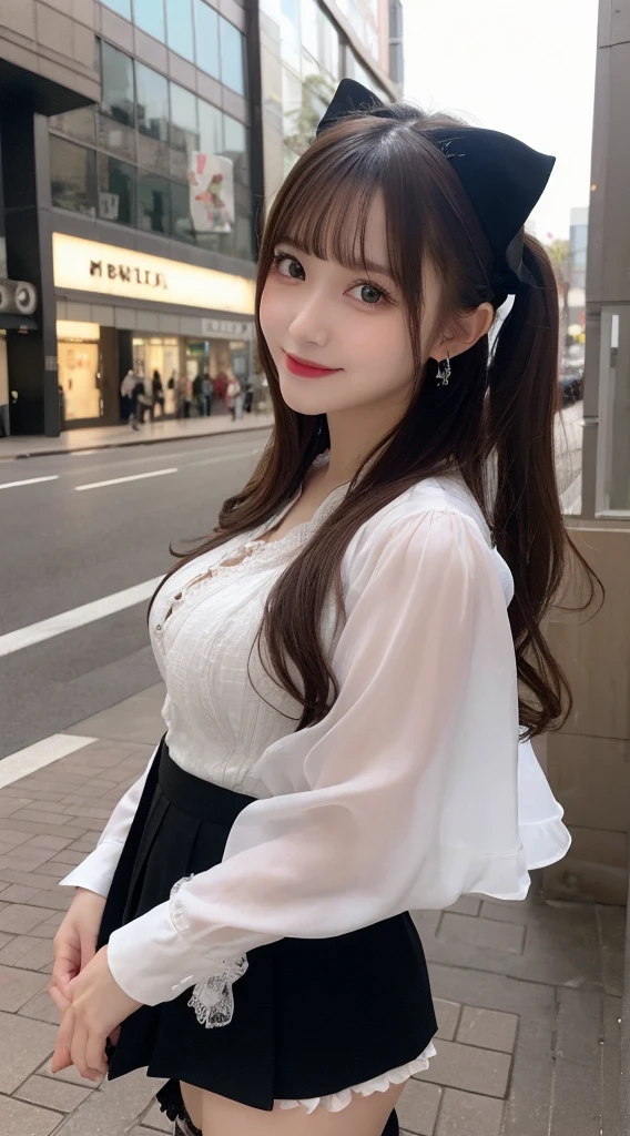table top, highest quality, figure, super detailed, finely, High resolution, 8k wallpaper, Perfect dynamic composition, beautiful and fine eyes, medium hair,small breasts natural color lip, bold sexy pose,smile,harajuku、20 year old girl、cute、sexy shot looking at camera、gothic lolita clothes、skirt、blouse